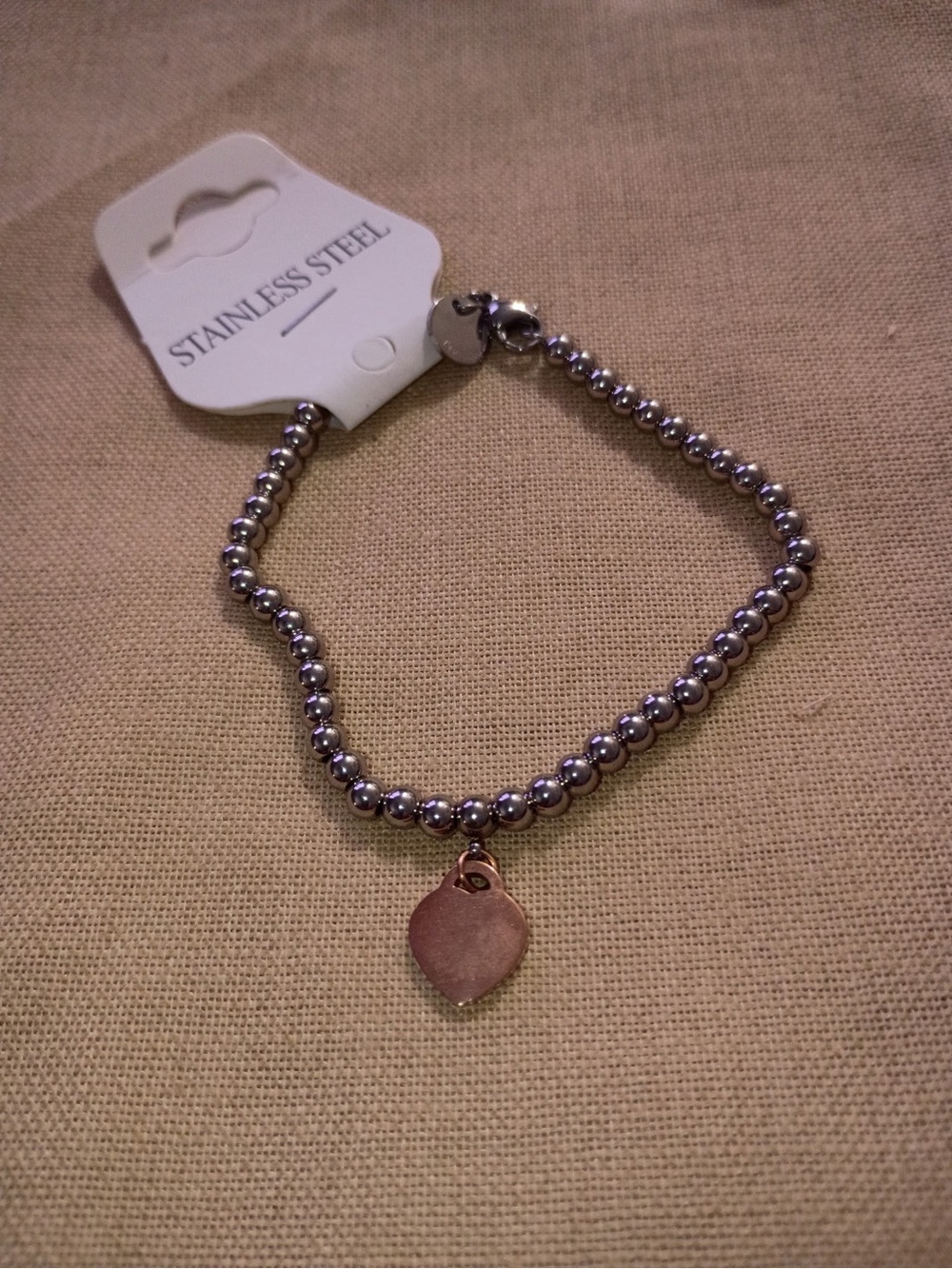 Stainless Steel Women's Beaded Bracelet with Floating Heart Charm - Silver
